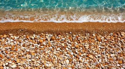 Serene beach scene featuring smooth pebbles along shoreline, with gentle waves lapping water edge. turquoise water contrasts beautifully with sandy tones of pebbles, creating tranquil atmosphere