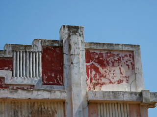 Detail of an architectural facade, older dilapidated building featuring Art Deco or modernist...