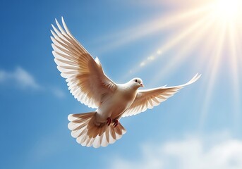 Obraz premium A majestic white dove soars gracefully through a bright blue sky illuminated by warm sunlight