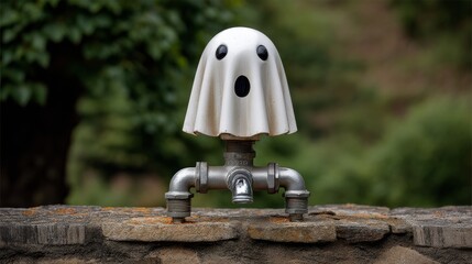 Whimsical Ghost Shaped Rain Gauge Stationed on a Stone Wall Surrounded by Greenery