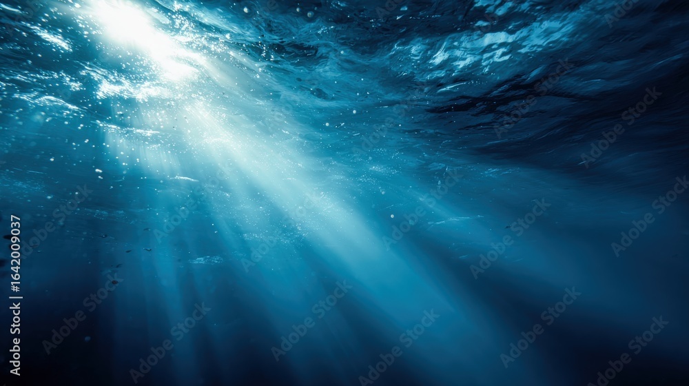Poster underwater light rays filtering through deep blue sea, creating an ethereal and serene oceanic scene