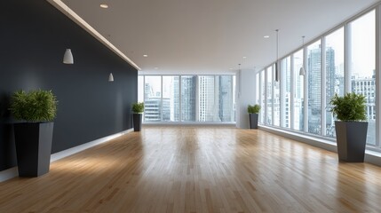 Modern Office Interior with City Views, Hardwood Flooring, Black Accent Wall, and Potted Green Plants