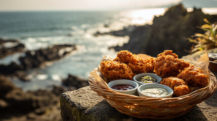 Crispy Korean fried chicken in a rustic basket placed by a scenic spot in Jeju Island, Food Photography
