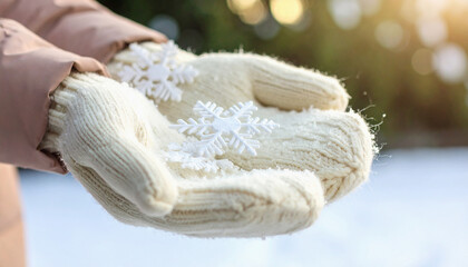 Cozy Hands in Warm Knitted Mittens Gently Holding Delicate Snowflakes Against a Soft Winter Background, Evoking the Magic of the Snowy Season