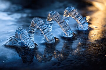 Intricate ice formations resembling spirals, reflecting on a dark, glassy surface.