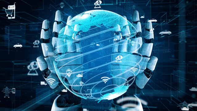 A futuristic view of robotic hands cradling a globe, surrounded by digital icons. This image symbolizes technological innovation and connectivity in the modern world. Xenic