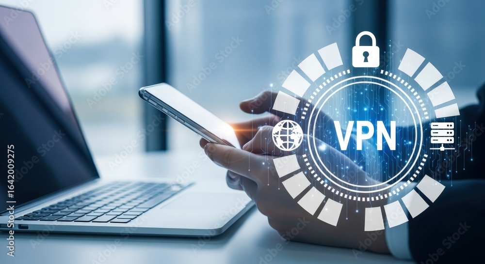 Poster vpn technology on mobile device for secure data connection and digital privacy in the modern world