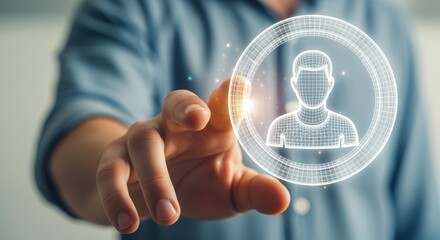 Human resources concept with hand touching virtual profile, recruitment, management, job search and digital technology