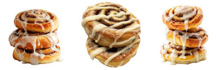 Three stacked cinnamon rolls with white icing, isolated on transparent background