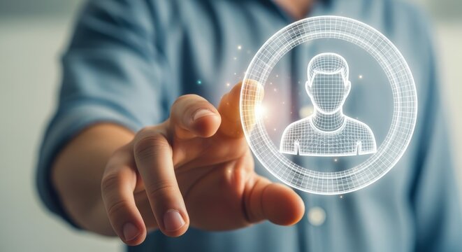 Human resources concept with hand touching virtual profile, recruitment, management, job search and digital technology