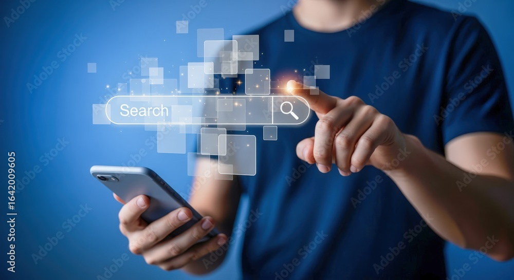 Poster man using search bar on digital screen with mobile phone for information access