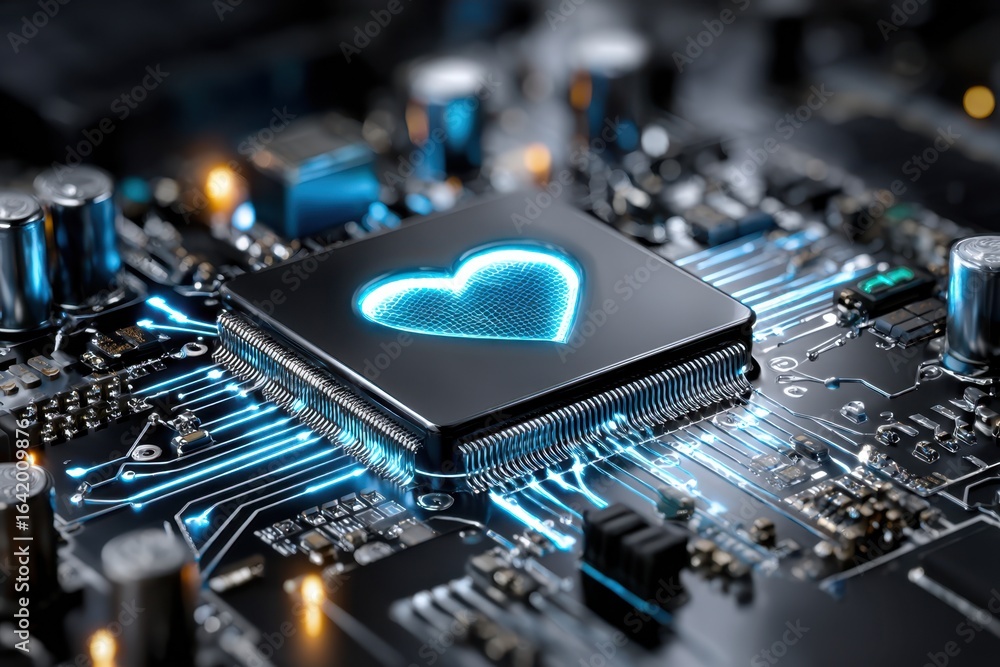 Poster glowing heart symbol on advanced microchip circuit board