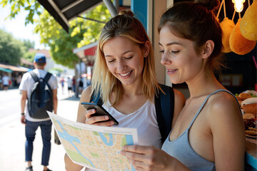 Two happy young female friends navigate a foreign city together on vacation, one using a traditional paper map and the other a smartphone for directions and guidance