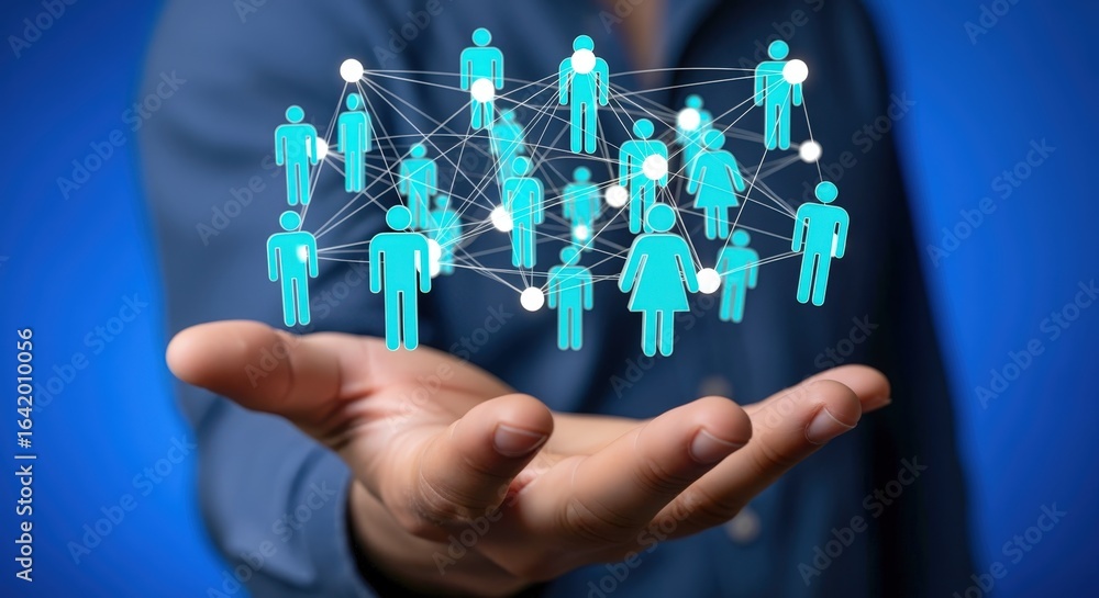 Poster virtual network concept: hand presenting digital connections and global communication with abstract 