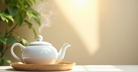 Fototapeta premium White ceramic teapot with steam rising, placed on a light oak tray.