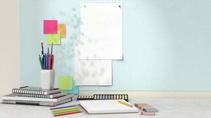 Creative Workspace with Blank Paper and Art Supplies