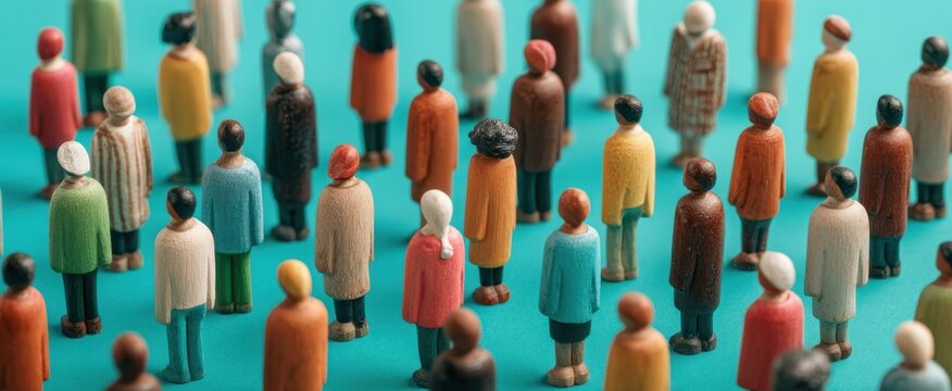 The diversity of miniature people figurines representing a community gathered together