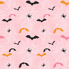 Seamless pattern with spider webs, spiders, and flying bats in black, orange, and pink colors on a light pink background. Flat vector illustration. Halloween holiday and spooky night concept