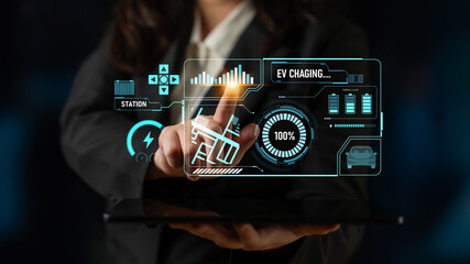 Charging interface for electric vehicles showing real-time battery level, charging status, power output, station location, and navigation for efficient energy management Latch