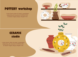 Horizontal banner. Pottery, workshop. Hand drawn illustration.Flyer for a pottery workshop. For use in invitations, posters, covers, class schedules.