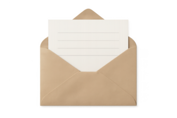 Blank white letter inside open brown envelope on transparent background