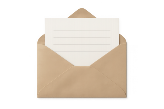 Blank white letter inside open brown envelope on transparent background