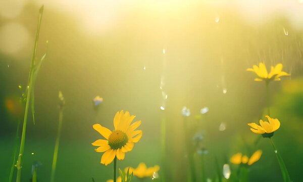 Yellow Wildflowers in Sunlight with Dew Drops