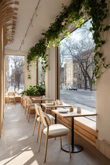 Obraz premium modern stylish caf on bustling street featuring large that allow ultrabright natural light to flood in