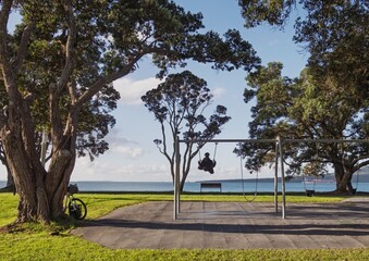 A woman swings alone at the beach