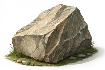 Large Gray Boulder with Grass, Realistic 3D Render, Isolated on White Background