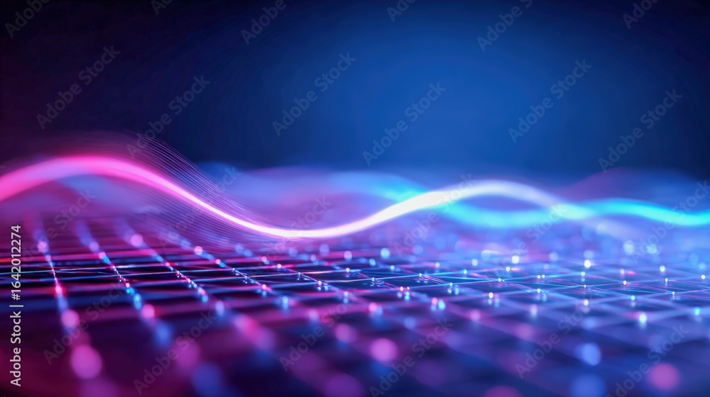 Aufkleber abstract grid with glowing wavy lines, futuristic technology background, artificial intelligence and