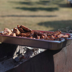 Grilled meat on a metal tray placed on a barbecue grill. Scene is set outdoors with green grass in background.