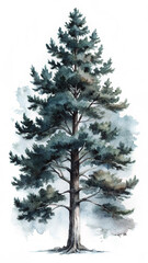 Serene Watercolor Painting of a Tall Pine Tree, Isolated on White Background, Moody Nature Illustration.