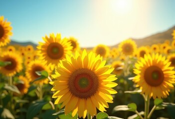 Obraz premium vibrant sunflower field bursting color under bright clear blue sky full bloom nature beauty, petal, yellow, landscape, flora, sunny, summer, view, plants