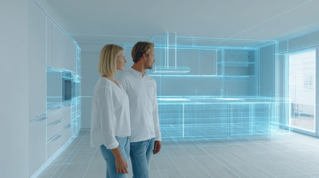 couple is exploring room through augmented reality reconstruction of future interior design - Powered by Adobe