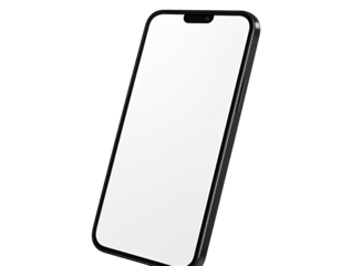 Modern smartphone with a blank white screen and notch at the top isolated on transparent background
