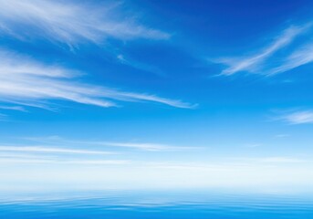 Fototapeta premium Vast blue sky with wispy white clouds over a calm ocean horizon on a bright summer day