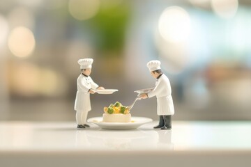 Miniature chefs meticulously prepare and present a gourmet dish, showcasing culinary artistry.