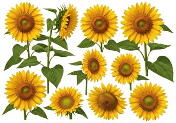 Fototapeta premium A collection of vibrant yellow sunflowers with green leaves and stems, isolated on a white background