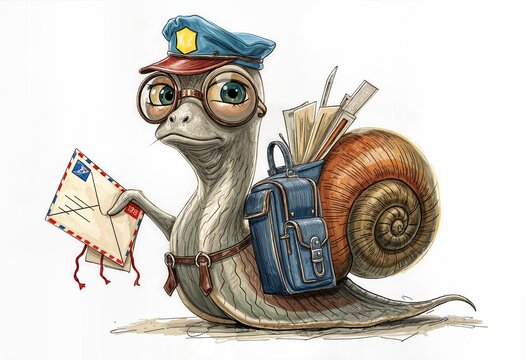 A whimsical snail dressed as a postal worker, complete with a blue cap adorned with a badge, large glasses, and a backpack full of envelopes