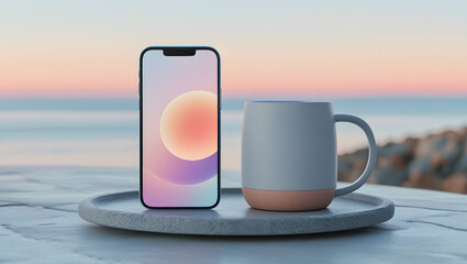 Pastel Screen Smartphone with Ceramic Cup at Sunrise