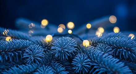 Christmas lights on blue fir branches, holiday season background.