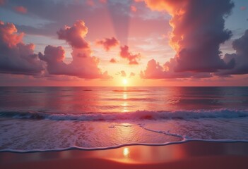 vibrant sunset clouds over serene beach tranquil waves dramatic sky reflective water peaceful horizon coastal serenity, ocean, sand, reflection, dusk, colours