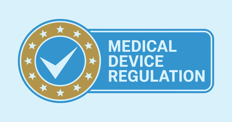 Medical Device Regulation Compliance Badge Vector Graphic, Blue and Gold, Healthcare Industry Standard