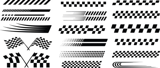 A comprehensive collection of racing checkered flag and speed stripes perfect for motorsport automotive and graphic design projects