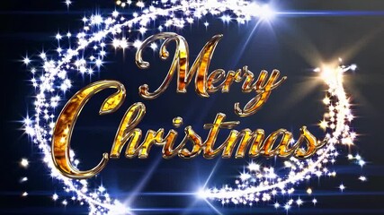 Golden christmas lettering glowing on black background, sparkling particles dancing around, rendering festive holiday elegance with luminous seasonal charm