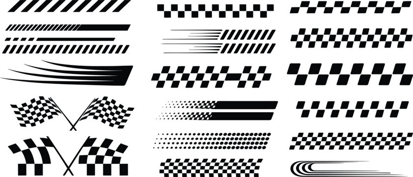 A comprehensive collection of racing checkered flag and speed stripes perfect for motorsport automotive and graphic design projects