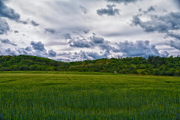 Field, hills, clouds, house in the distance