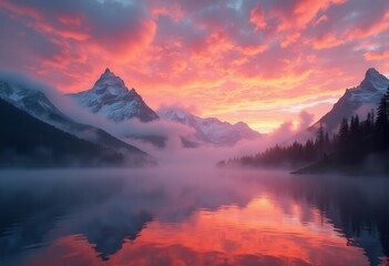 Fototapeta premium vibrant sunset over misty mountain range dramatic colors soft clouds ethereal light, landscape, wilderness, highland, outdoors, scenic, valley, peak