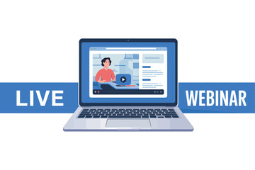 Live Webinar Vector Graphic, Laptop with Video Stream, Online Presentation and Education Concept